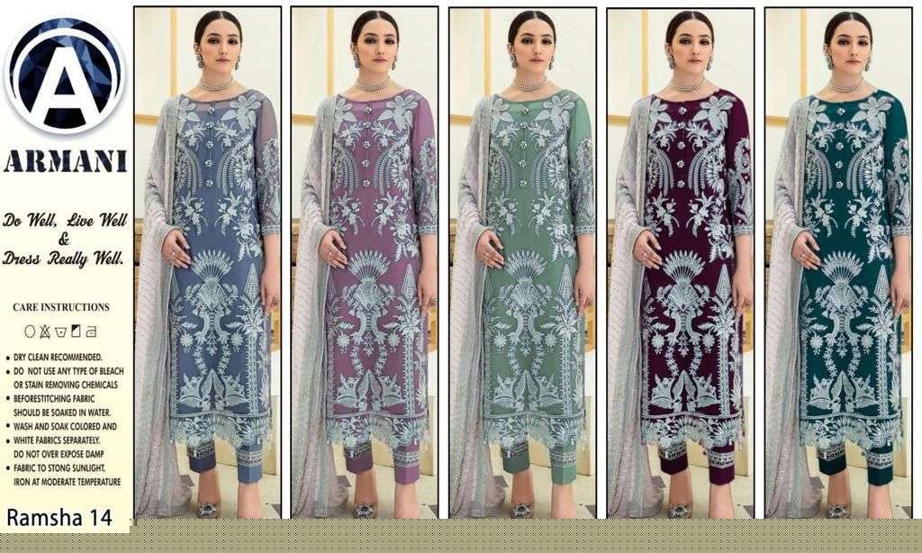 RAMSHA 14 COLOURS BY ARMANI 14-A TO 14-E SERIES PAKISTANI SUITS BEAUTIFUL FANCY COLORFUL STYLISH PARTY WEAR & OCCASIONAL WEAR BUTTERFLY NET WITH EMBROIDERY DRESSES AT WHOLESALE PRICE