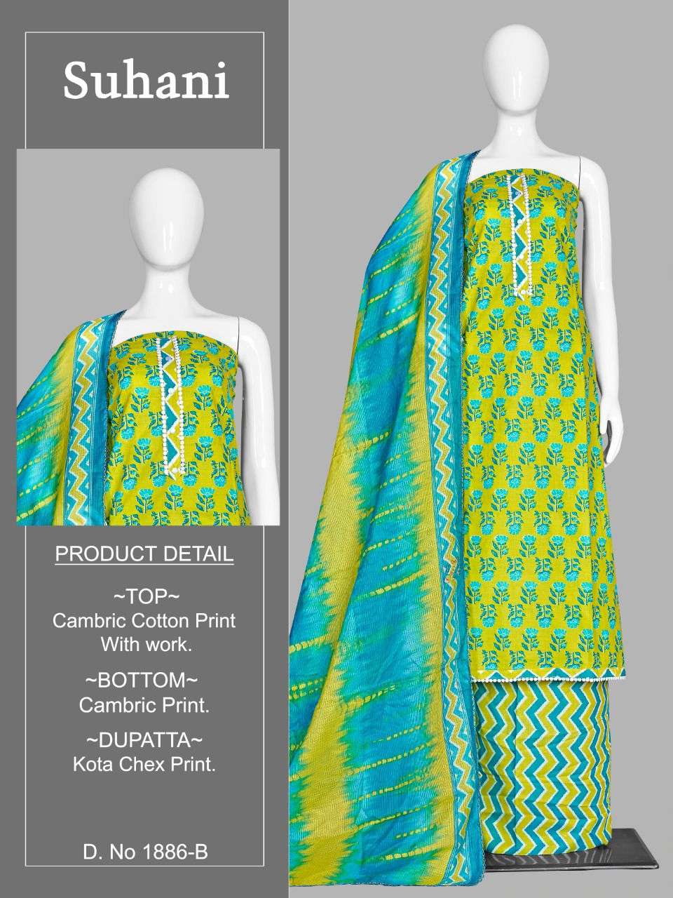 SUHANI-1886 BY BIPSON 1886-A TO 1886-D SERIES BEAUTIFUL SUITS COLORFUL STYLISH FANCY CASUAL WEAR & ETHNIC WEAR CAMBRIC COTTON PRINT DRESSES AT WHOLESALE PRICE