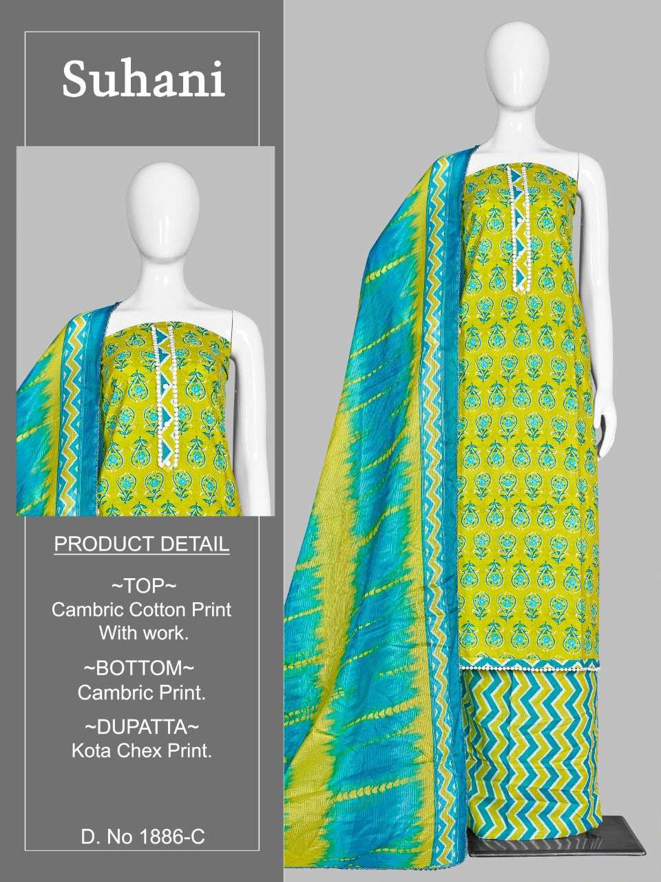 SUHANI-1886 BY BIPSON 1886-A TO 1886-D SERIES BEAUTIFUL SUITS COLORFUL STYLISH FANCY CASUAL WEAR & ETHNIC WEAR CAMBRIC COTTON PRINT DRESSES AT WHOLESALE PRICE