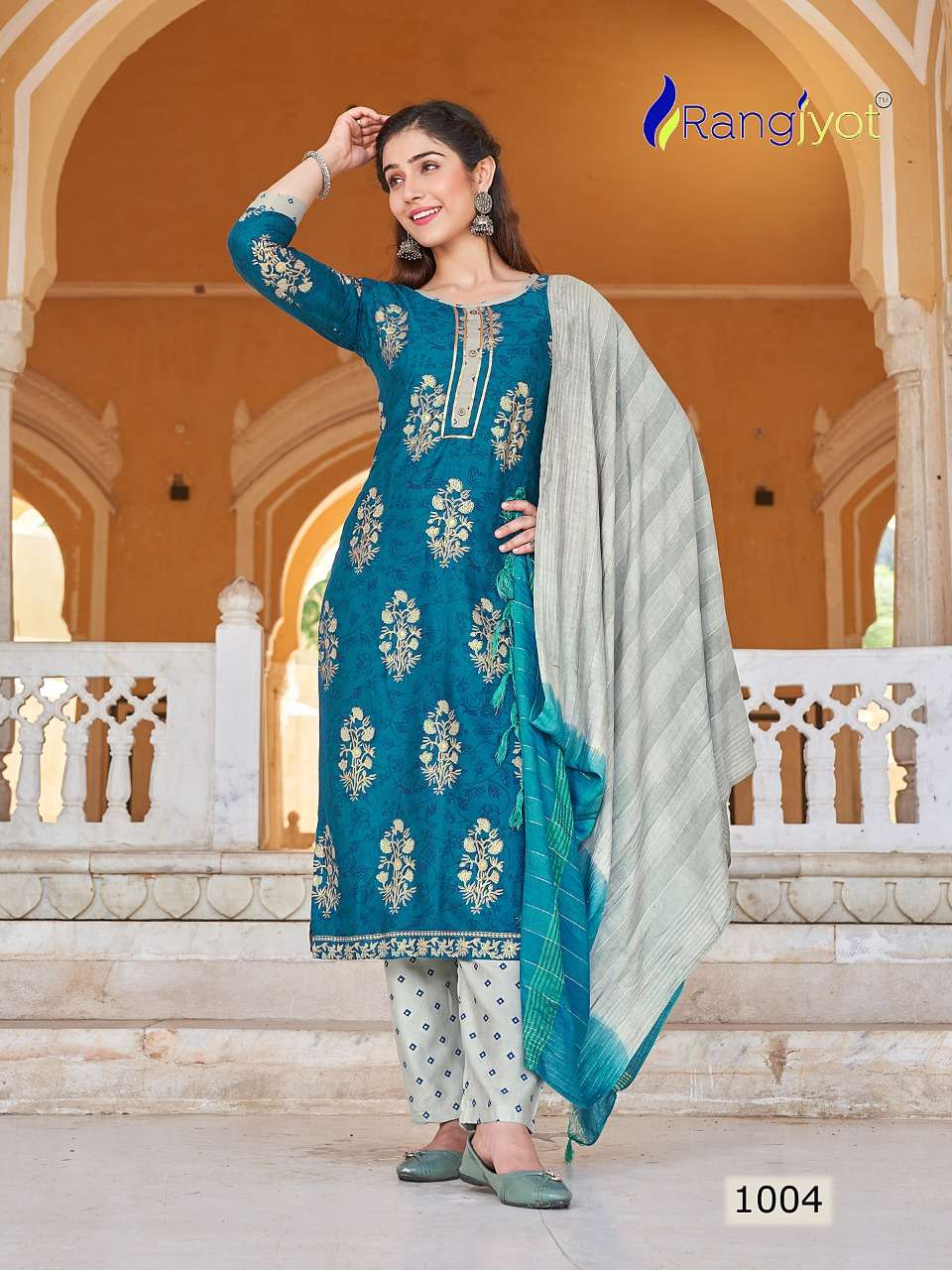 Rangrasiya By Rangjyot Fashion 1001 To 1008 Series Beautiful Suits Colorful Stylish Fancy Casual Wear & Ethnic Wear Rayon Gold Print Dresses At Wholesale Price