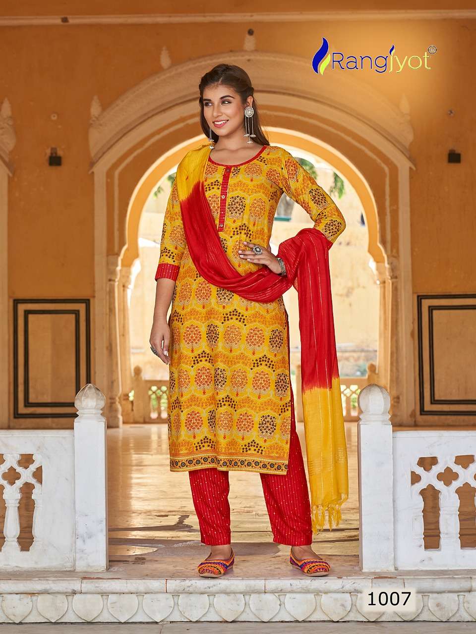 Rangrasiya By Rangjyot Fashion 1001 To 1008 Series Beautiful Suits Colorful Stylish Fancy Casual Wear & Ethnic Wear Rayon Gold Print Dresses At Wholesale Price