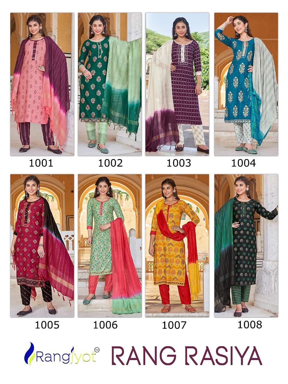 Rangrasiya By Rangjyot Fashion 1001 To 1008 Series Beautiful Suits Colorful Stylish Fancy Casual Wear & Ethnic Wear Rayon Gold Print Dresses At Wholesale Price