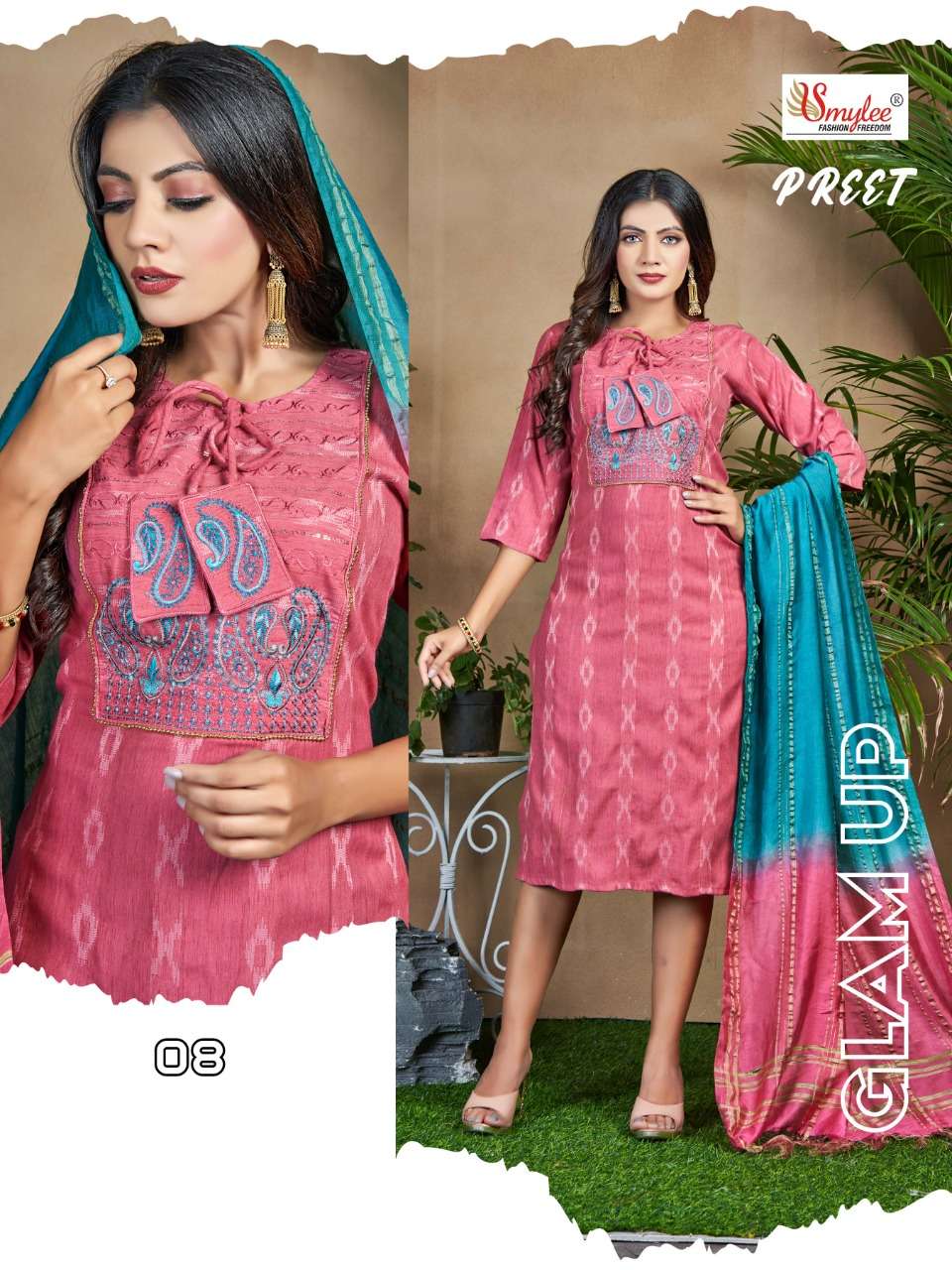 PREET BY SMYLEE 01 TO 08 SERIES DESIGNER STYLISH FANCY COLORFUL BEAUTIFUL PARTY WEAR & ETHNIC WEAR COLLECTION PURE RAYON KURTIS WITH DUPATTA AT WHOLESALE PRICE