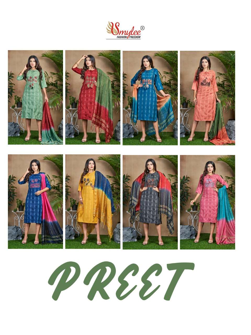 PREET BY SMYLEE 01 TO 08 SERIES DESIGNER STYLISH FANCY COLORFUL BEAUTIFUL PARTY WEAR & ETHNIC WEAR COLLECTION PURE RAYON KURTIS WITH DUPATTA AT WHOLESALE PRICE