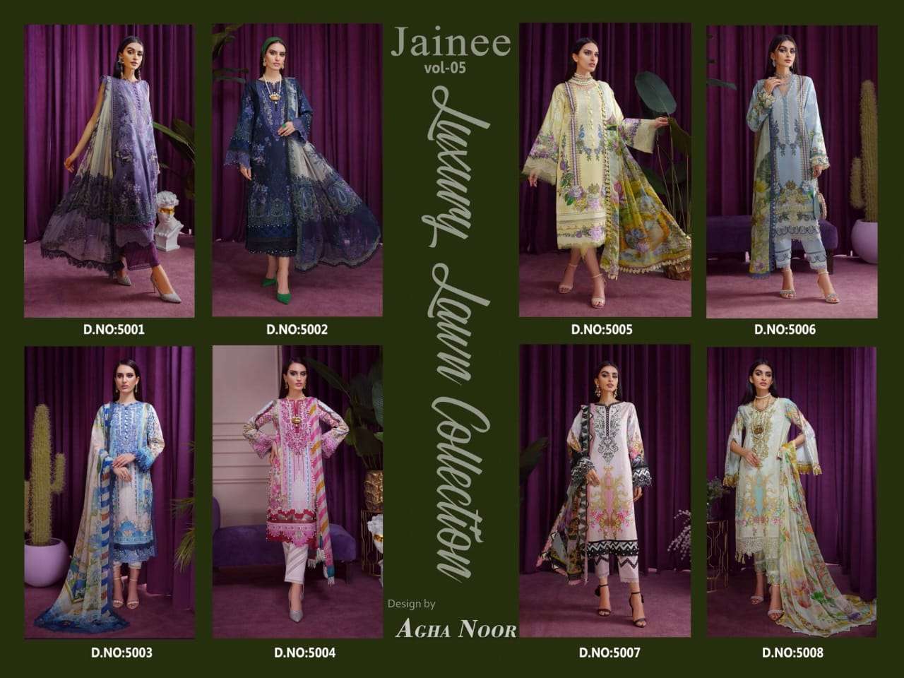 JAINEE VOL-5 BY AGHA NOOR 5001 TO 5008 SERIES BEAUTIFUL SUITS COLORFUL STYLISH FANCY CASUAL WEAR & ETHNIC WEAR LAWN COTTON DIGITAL PRINT DRESSES AT WHOLESALE PRICE