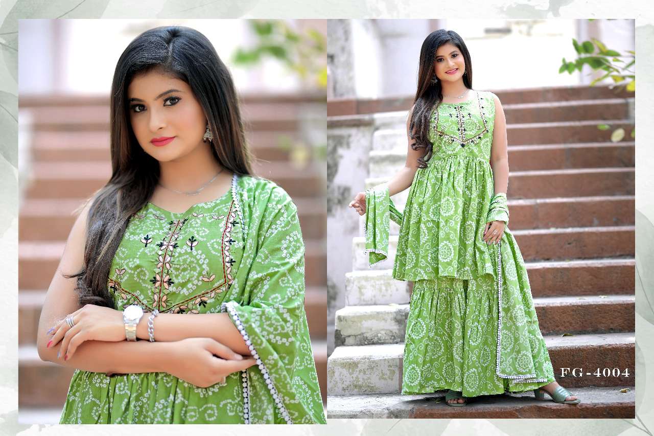 NAAZ BY FASHION GALLERIA 4003 TO 4006 SERIES BEAUTIFUL SHARARA SUITS COLORFUL STYLISH FANCY CASUAL WEAR & ETHNIC WEAR PURE COTTON PRINT DRESSES AT WHOLESALE PRICE