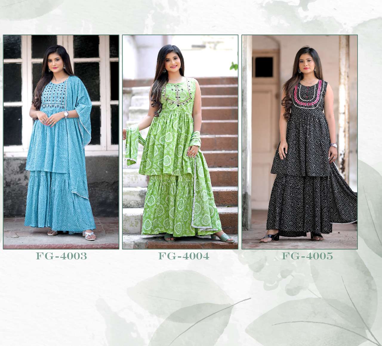 NAAZ BY FASHION GALLERIA 4003 TO 4006 SERIES BEAUTIFUL SHARARA SUITS COLORFUL STYLISH FANCY CASUAL WEAR & ETHNIC WEAR PURE COTTON PRINT DRESSES AT WHOLESALE PRICE