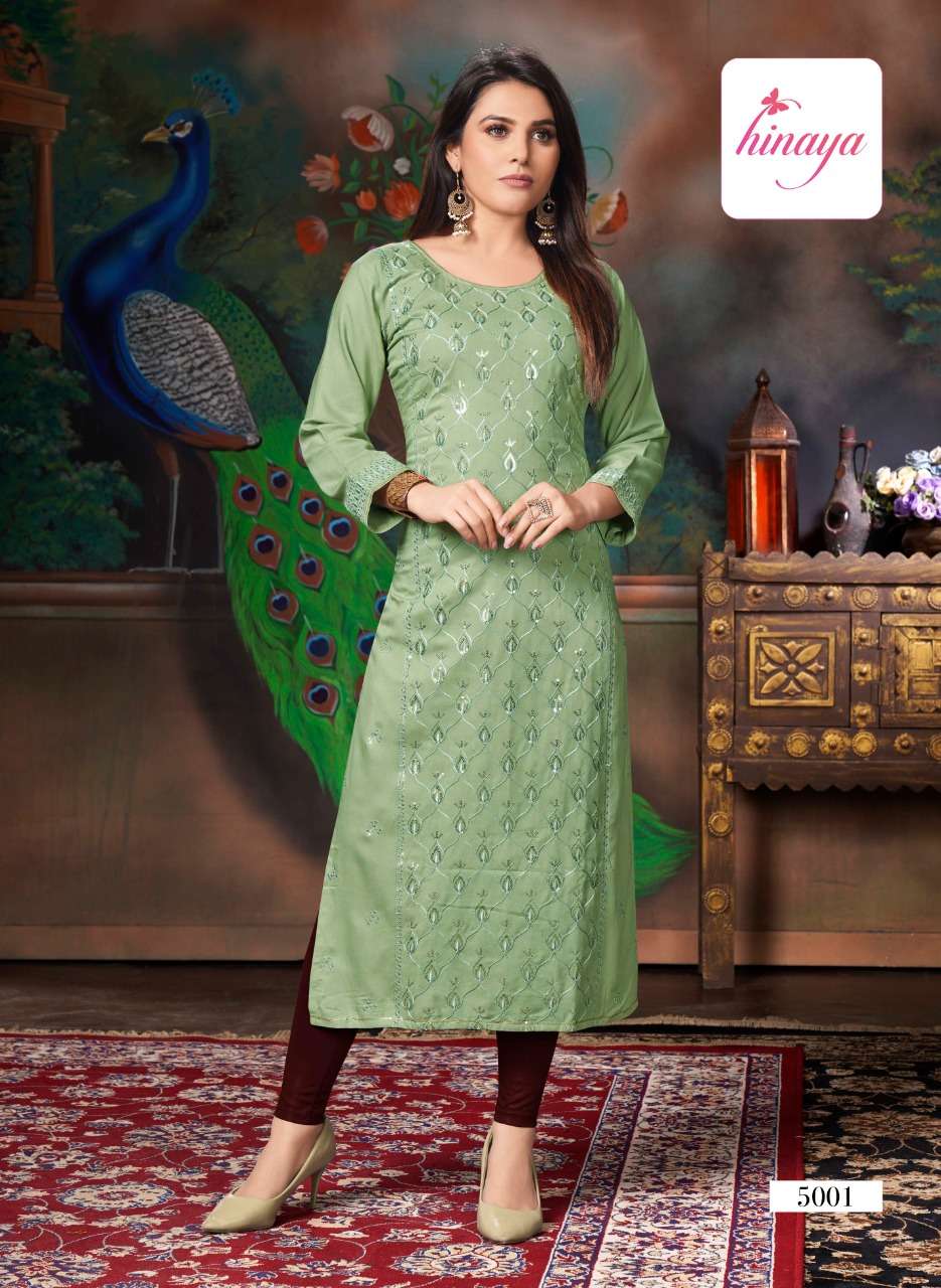 KAREENA VOL-5 BY HINAYA 5001 TO 5008 SERIES DESIGNER STYLISH FANCY COLORFUL BEAUTIFUL PARTY WEAR & ETHNIC WEAR COLLECTION RAYON EMBROIDERY KURTIS AT WHOLESALE PRICE