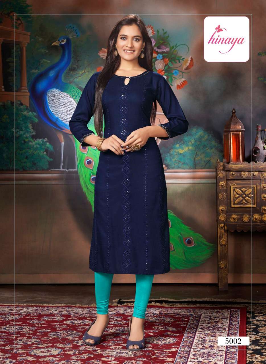 KAREENA VOL-5 BY HINAYA 5001 TO 5008 SERIES DESIGNER STYLISH FANCY COLORFUL BEAUTIFUL PARTY WEAR & ETHNIC WEAR COLLECTION RAYON EMBROIDERY KURTIS AT WHOLESALE PRICE