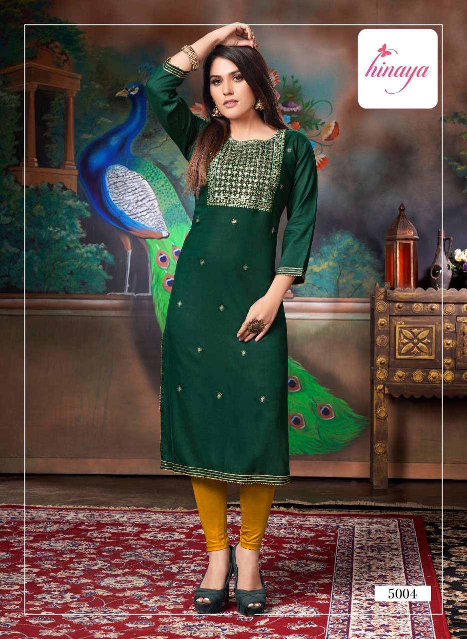 KAREENA VOL-5 BY HINAYA 5001 TO 5008 SERIES DESIGNER STYLISH FANCY COLORFUL BEAUTIFUL PARTY WEAR & ETHNIC WEAR COLLECTION RAYON EMBROIDERY KURTIS AT WHOLESALE PRICE