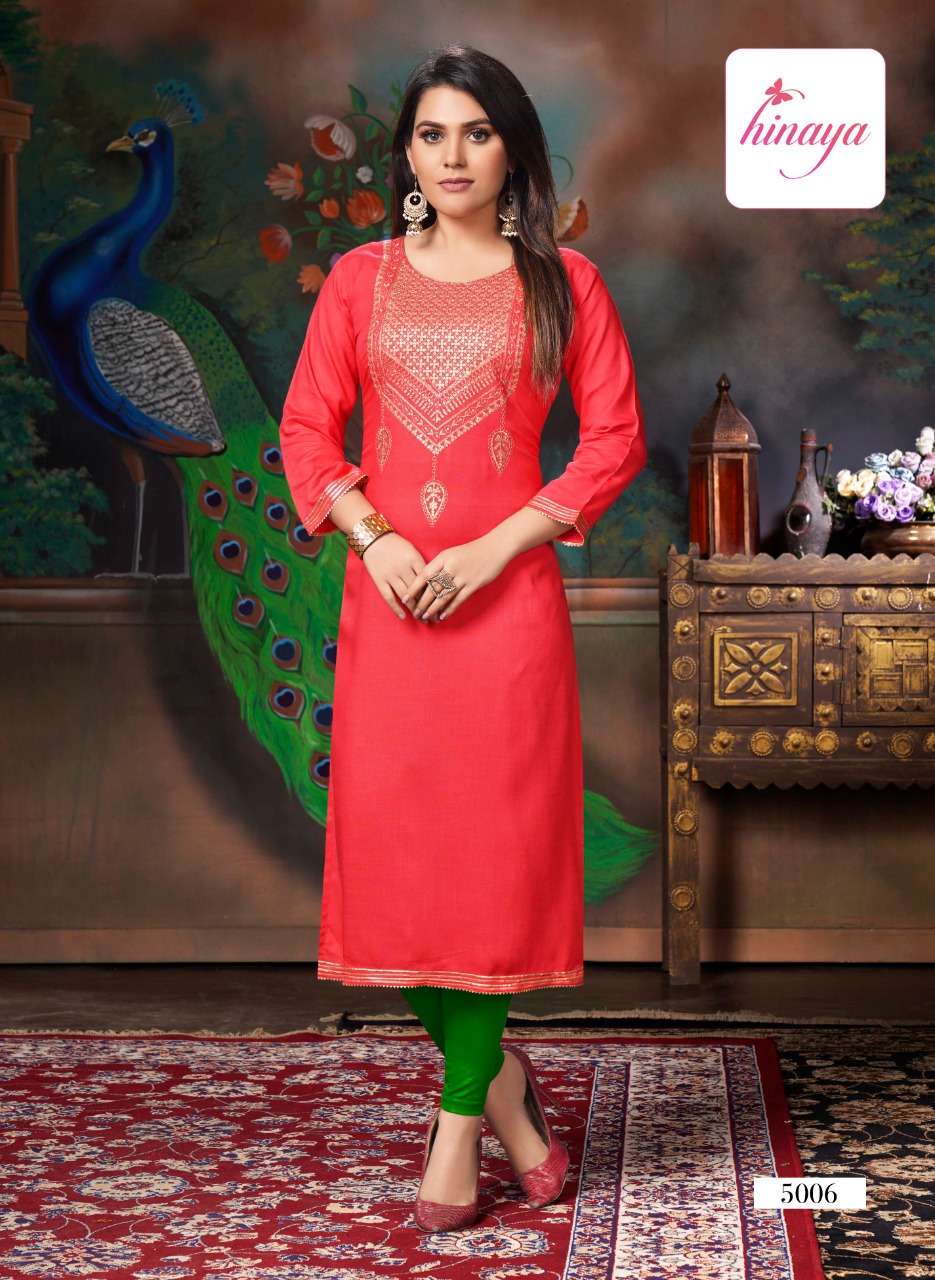 KAREENA VOL-5 BY HINAYA 5001 TO 5008 SERIES DESIGNER STYLISH FANCY COLORFUL BEAUTIFUL PARTY WEAR & ETHNIC WEAR COLLECTION RAYON EMBROIDERY KURTIS AT WHOLESALE PRICE