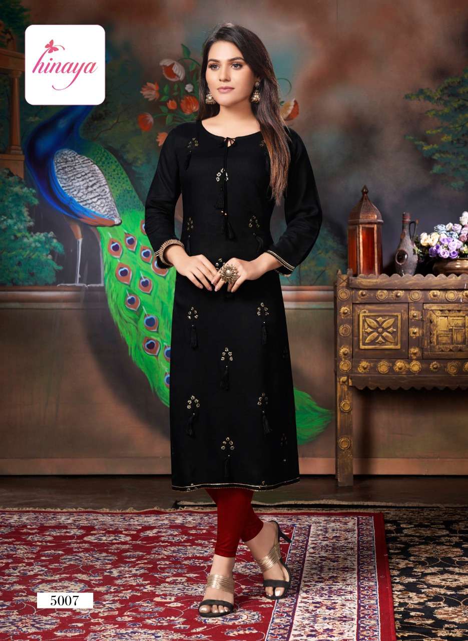 KAREENA VOL-5 BY HINAYA 5001 TO 5008 SERIES DESIGNER STYLISH FANCY COLORFUL BEAUTIFUL PARTY WEAR & ETHNIC WEAR COLLECTION RAYON EMBROIDERY KURTIS AT WHOLESALE PRICE
