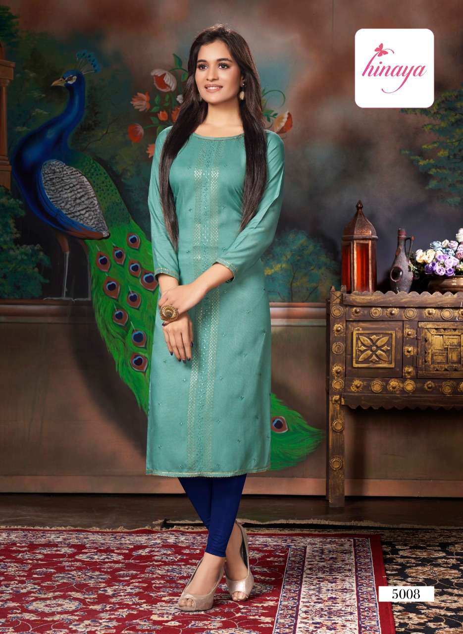 KAREENA VOL-5 BY HINAYA 5001 TO 5008 SERIES DESIGNER STYLISH FANCY COLORFUL BEAUTIFUL PARTY WEAR & ETHNIC WEAR COLLECTION RAYON EMBROIDERY KURTIS AT WHOLESALE PRICE