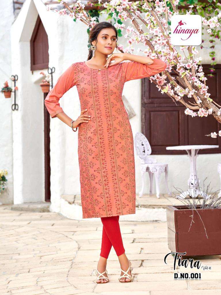 TIARA VOL-10 BY HINAYA 001 TO 008 SERIES DESIGNER STYLISH FANCY COLORFUL BEAUTIFUL PARTY WEAR & ETHNIC WEAR COLLECTION RAYON EMBROIDERY KURTIS AT WHOLESALE PRICE