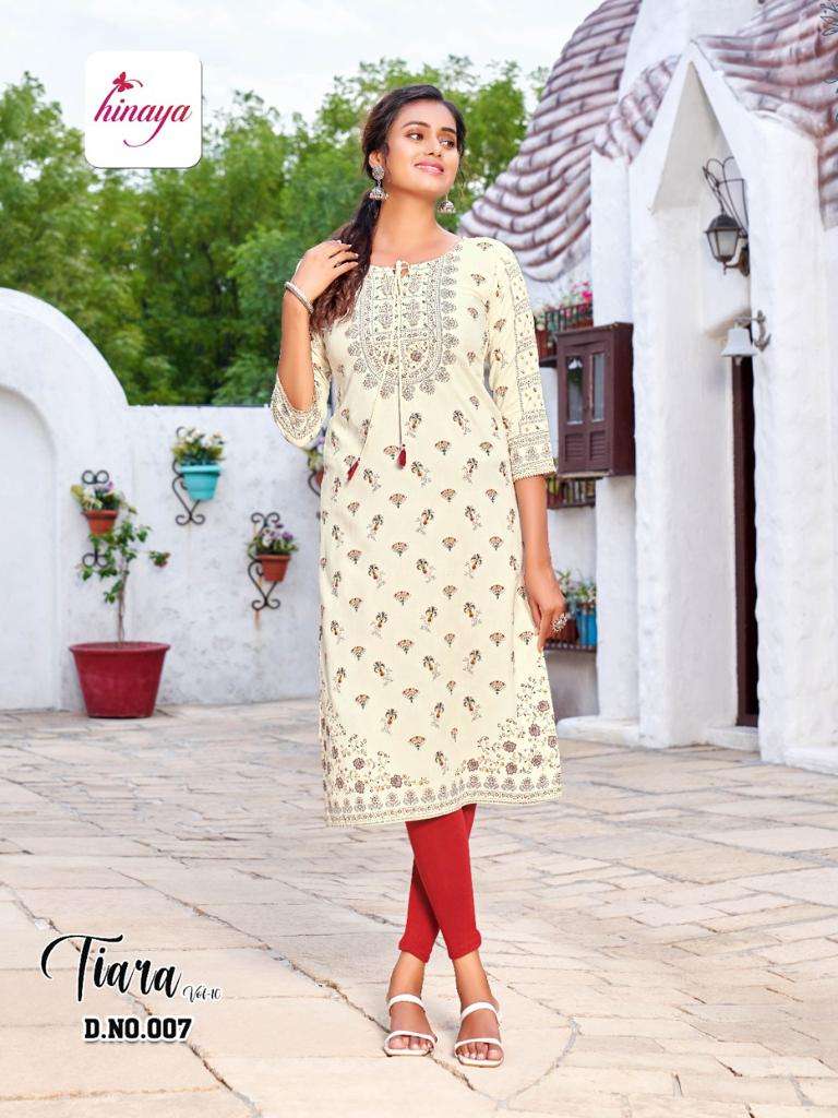 TIARA VOL-10 BY HINAYA 001 TO 008 SERIES DESIGNER STYLISH FANCY COLORFUL BEAUTIFUL PARTY WEAR & ETHNIC WEAR COLLECTION RAYON EMBROIDERY KURTIS AT WHOLESALE PRICE