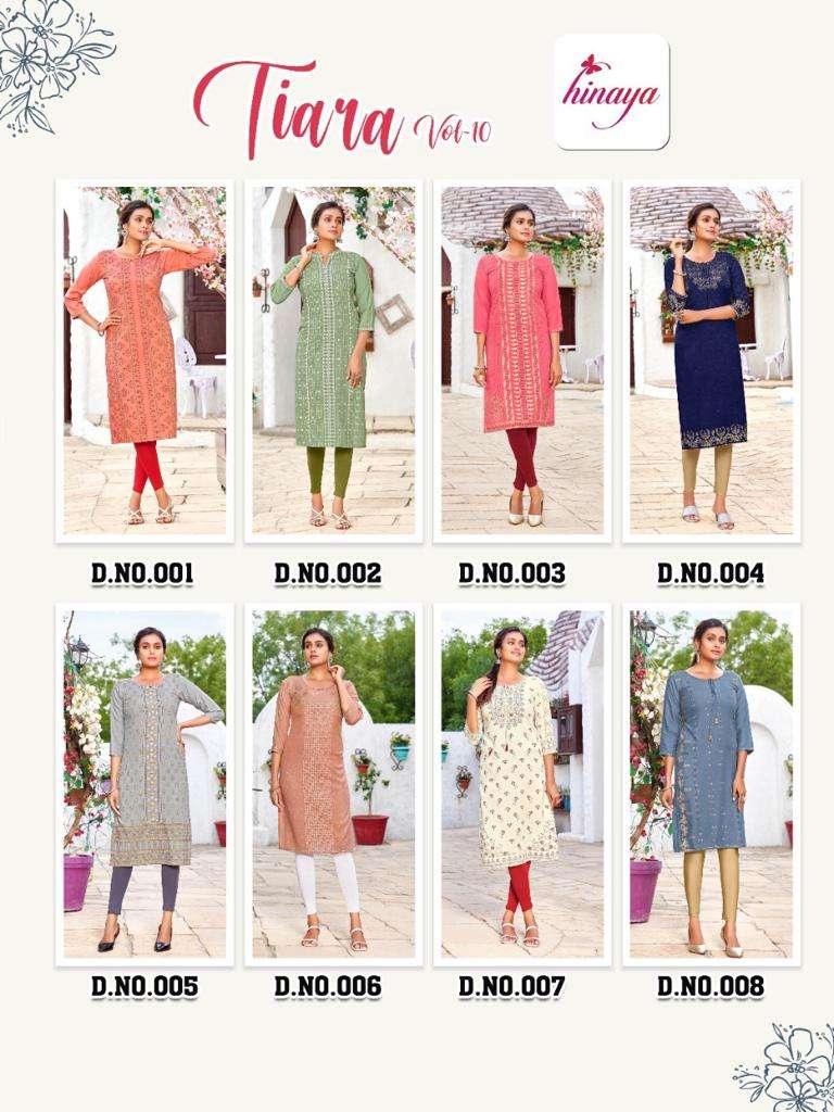 TIARA VOL-10 BY HINAYA 001 TO 008 SERIES DESIGNER STYLISH FANCY COLORFUL BEAUTIFUL PARTY WEAR & ETHNIC WEAR COLLECTION RAYON EMBROIDERY KURTIS AT WHOLESALE PRICE