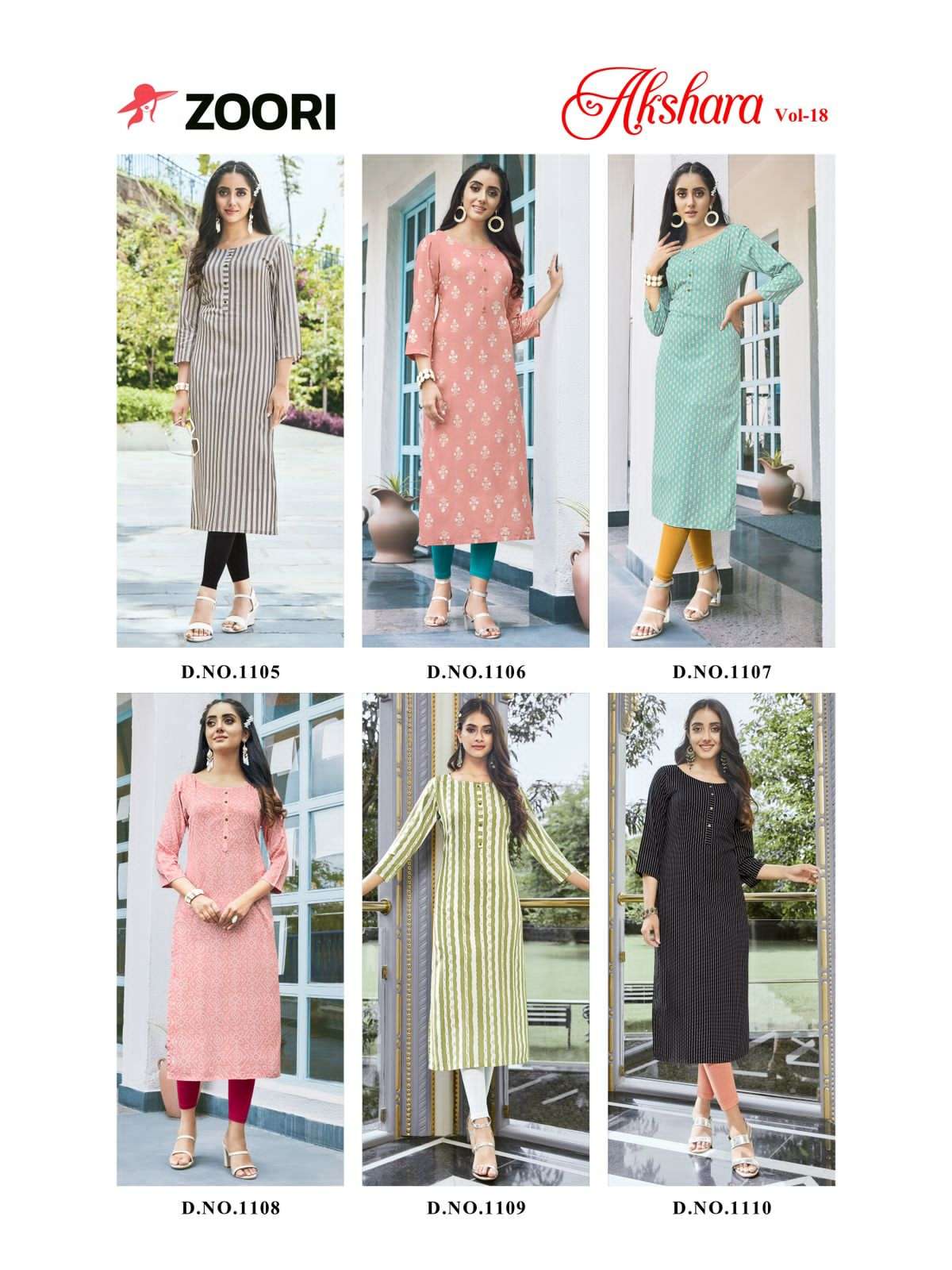 AKSHARA VOL-18 BY ZOORI 1105 TO 1110 SERIES DESIGNER STYLISH FANCY COLORFUL BEAUTIFUL PARTY WEAR & ETHNIC WEAR COLLECTION RAYON PRINT KURTIS AT WHOLESALE PRICE