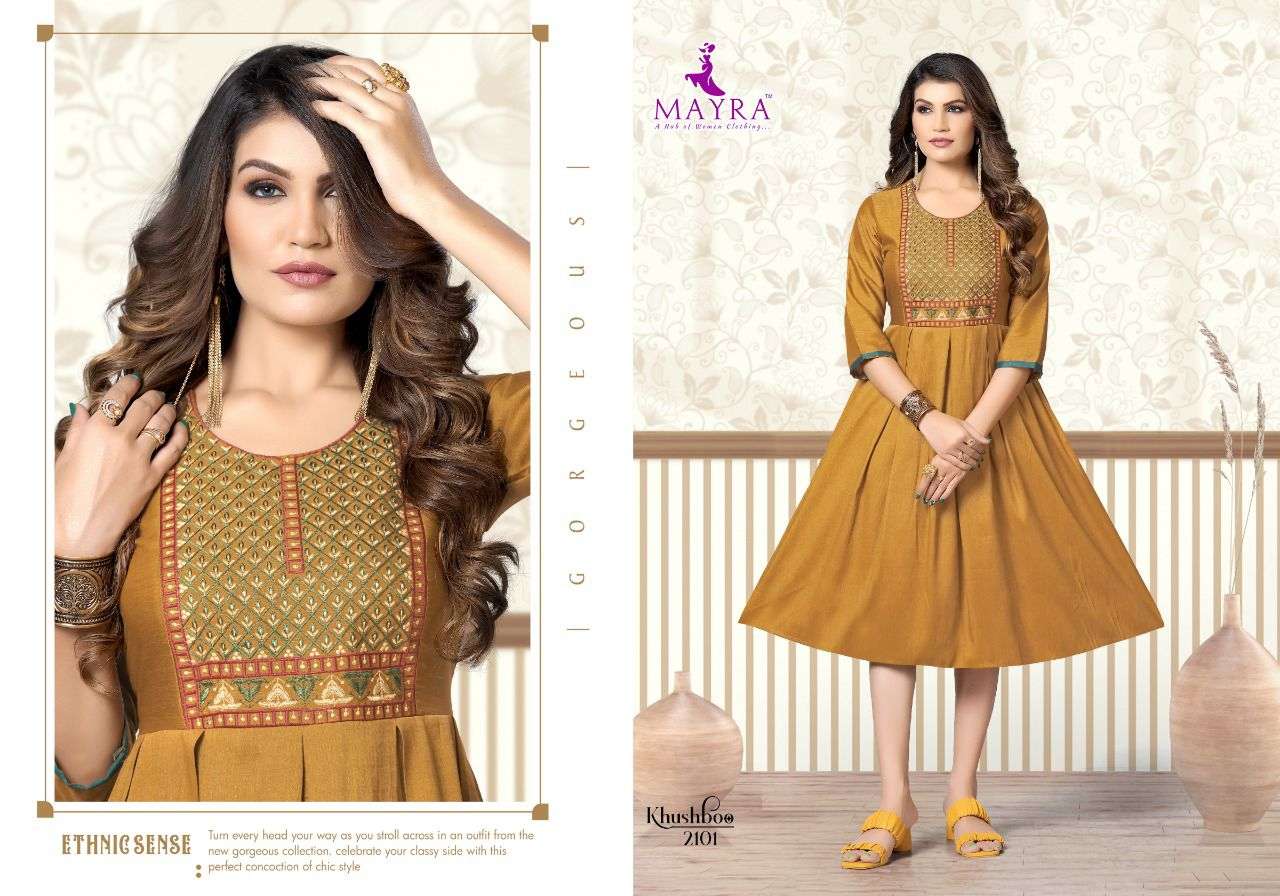 KHUSHBOO BY MAYRA 2101 TO 2108 SERIES DESIGNER STYLISH FANCY COLORFUL BEAUTIFUL PARTY WEAR & ETHNIC WEAR COLLECTION PURE RAYON KURTIS AT WHOLESALE PRICE