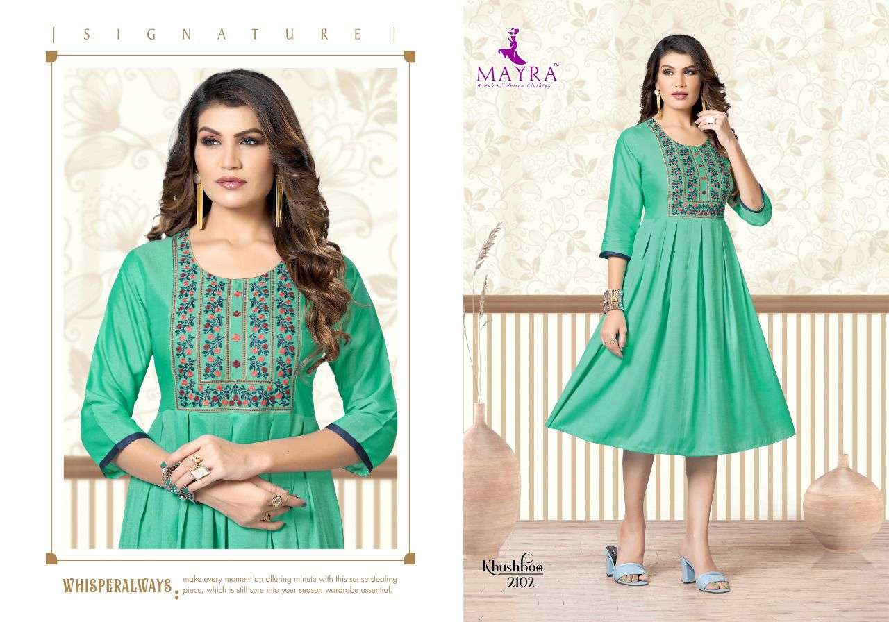 KHUSHBOO BY MAYRA 2101 TO 2108 SERIES DESIGNER STYLISH FANCY COLORFUL BEAUTIFUL PARTY WEAR & ETHNIC WEAR COLLECTION PURE RAYON KURTIS AT WHOLESALE PRICE