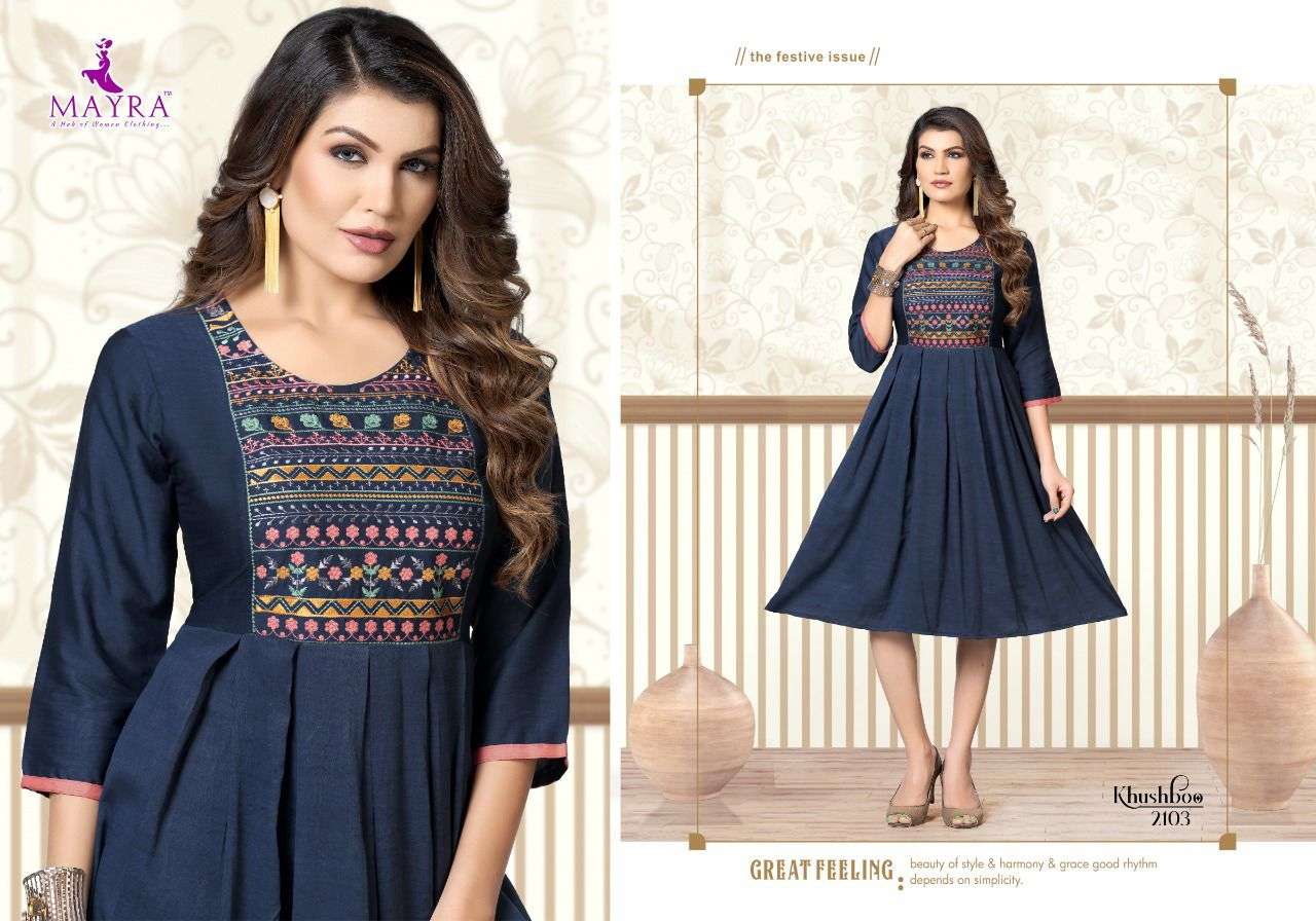 KHUSHBOO BY MAYRA 2101 TO 2108 SERIES DESIGNER STYLISH FANCY COLORFUL BEAUTIFUL PARTY WEAR & ETHNIC WEAR COLLECTION PURE RAYON KURTIS AT WHOLESALE PRICE