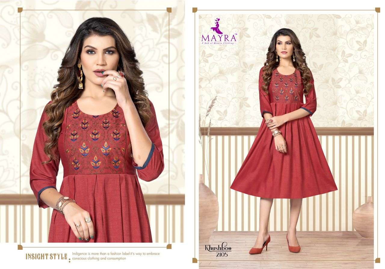 KHUSHBOO BY MAYRA 2101 TO 2108 SERIES DESIGNER STYLISH FANCY COLORFUL BEAUTIFUL PARTY WEAR & ETHNIC WEAR COLLECTION PURE RAYON KURTIS AT WHOLESALE PRICE