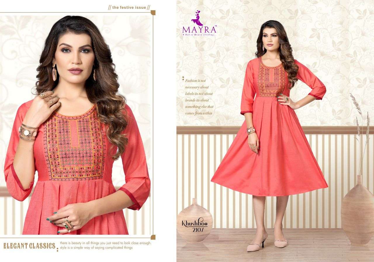 KHUSHBOO BY MAYRA 2101 TO 2108 SERIES DESIGNER STYLISH FANCY COLORFUL BEAUTIFUL PARTY WEAR & ETHNIC WEAR COLLECTION PURE RAYON KURTIS AT WHOLESALE PRICE