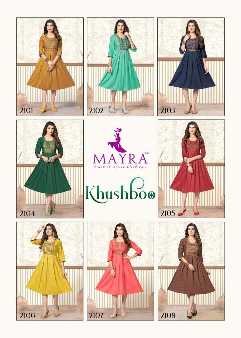 KHUSHBOO BY MAYRA 2101 TO 2108 SERIES DESIGNER STYLISH FANCY COLORFUL BEAUTIFUL PARTY WEAR & ETHNIC WEAR COLLECTION PURE RAYON KURTIS AT WHOLESALE PRICE