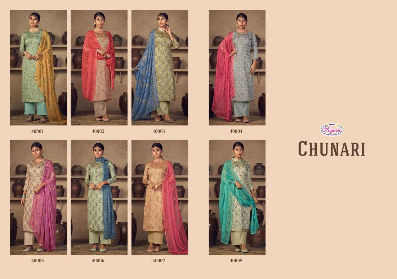 CHUNARI BY SIYONI 40001 TO 40008 SERIES BEAUTIFUL SUITS COLORFUL STYLISH FANCY CASUAL WEAR & ETHNIC WEAR PURE JAM COTTON PRINT DRESSES AT WHOLESALE PRICE