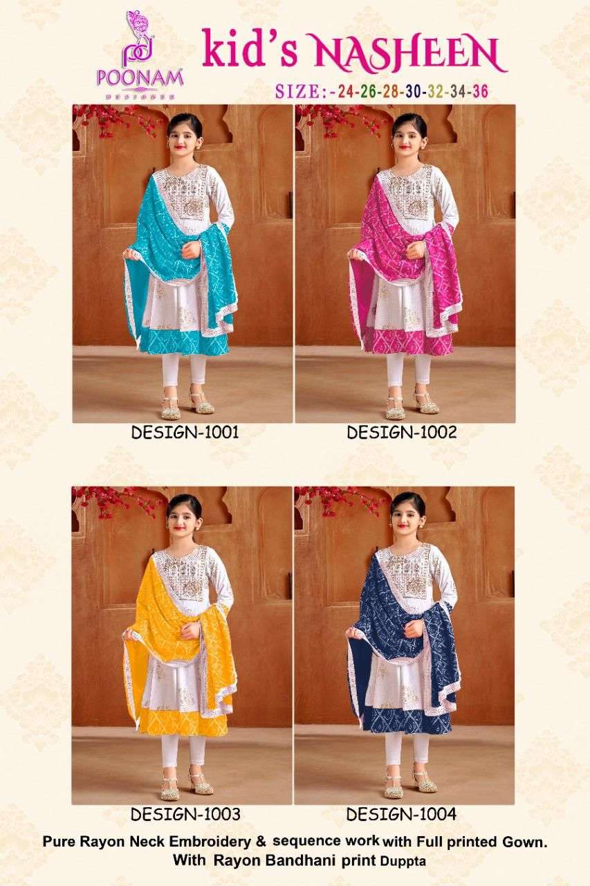 KIDS NASHEEN BY POONAM DESIGNER 1001 TO 1004 SERIES BEAUTIFUL STYLISH FANCY COLORFUL CASUAL WEAR & ETHNIC WEAR RAYON GOWNS WITH DUPATTA AT WHOLESALE PRICE