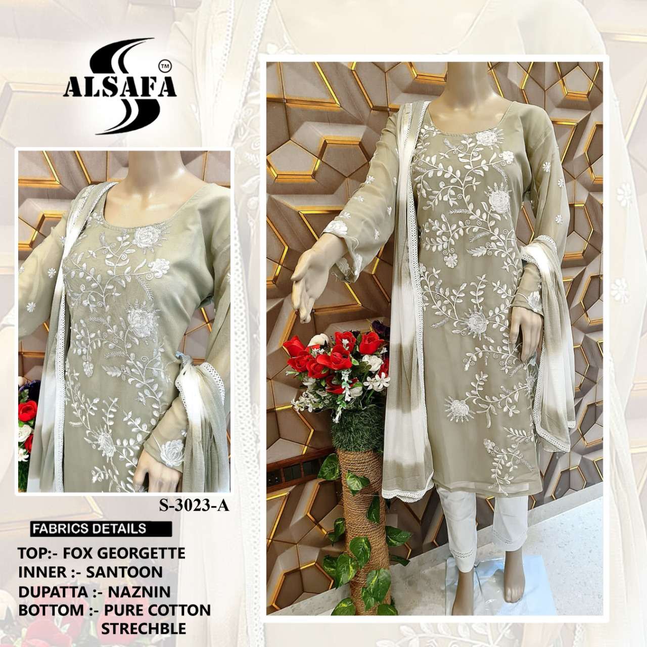 AL-SAFA 3023 COLOURS BY AL-SAFA 3023-A TO 3023-D SERIES BEAUTIFUL PAKISTANI SUITS COLORFUL STYLISH FANCY CASUAL WEAR & ETHNIC WEAR FAUX GEORGETTE DRESSES AT WHOLESALE PRICE