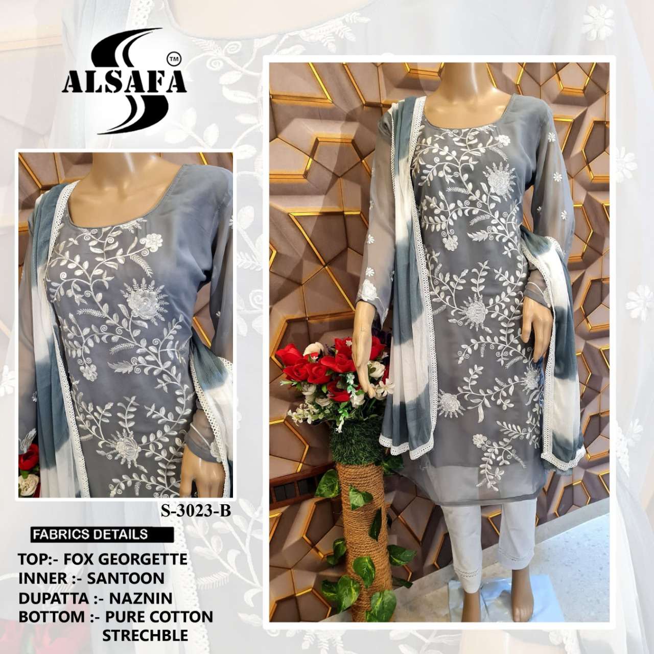 AL-SAFA 3023 COLOURS BY AL-SAFA 3023-A TO 3023-D SERIES BEAUTIFUL PAKISTANI SUITS COLORFUL STYLISH FANCY CASUAL WEAR & ETHNIC WEAR FAUX GEORGETTE DRESSES AT WHOLESALE PRICE