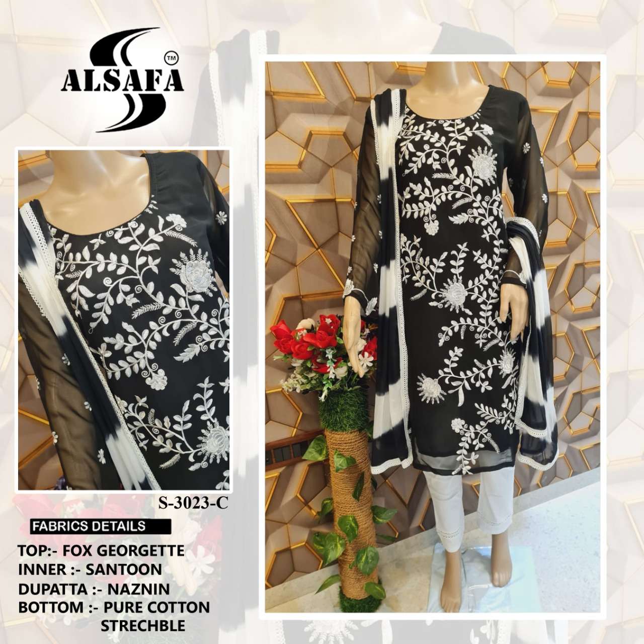 AL-SAFA 3023 COLOURS BY AL-SAFA 3023-A TO 3023-D SERIES BEAUTIFUL PAKISTANI SUITS COLORFUL STYLISH FANCY CASUAL WEAR & ETHNIC WEAR FAUX GEORGETTE DRESSES AT WHOLESALE PRICE