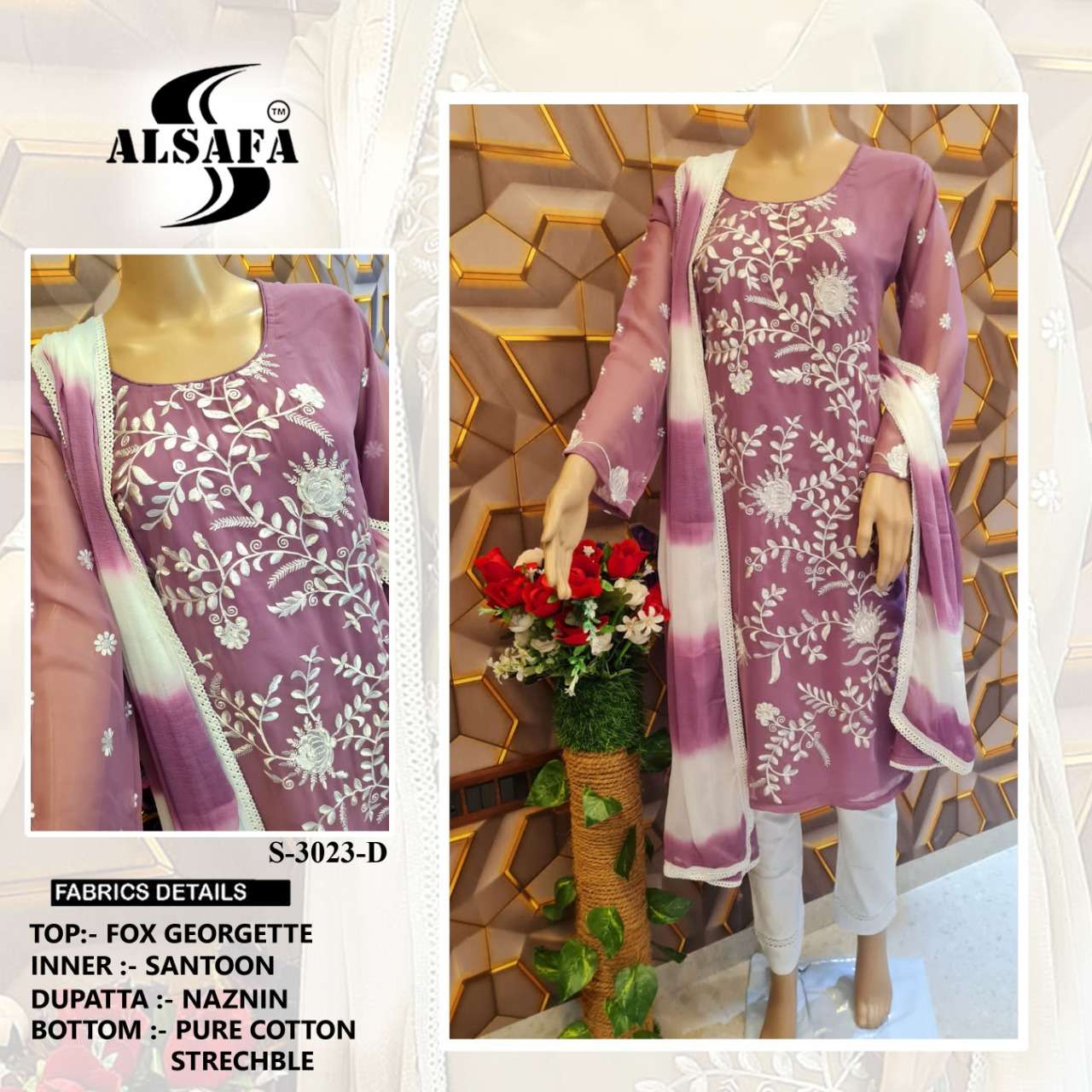 AL-SAFA 3023 COLOURS BY AL-SAFA 3023-A TO 3023-D SERIES BEAUTIFUL PAKISTANI SUITS COLORFUL STYLISH FANCY CASUAL WEAR & ETHNIC WEAR FAUX GEORGETTE DRESSES AT WHOLESALE PRICE