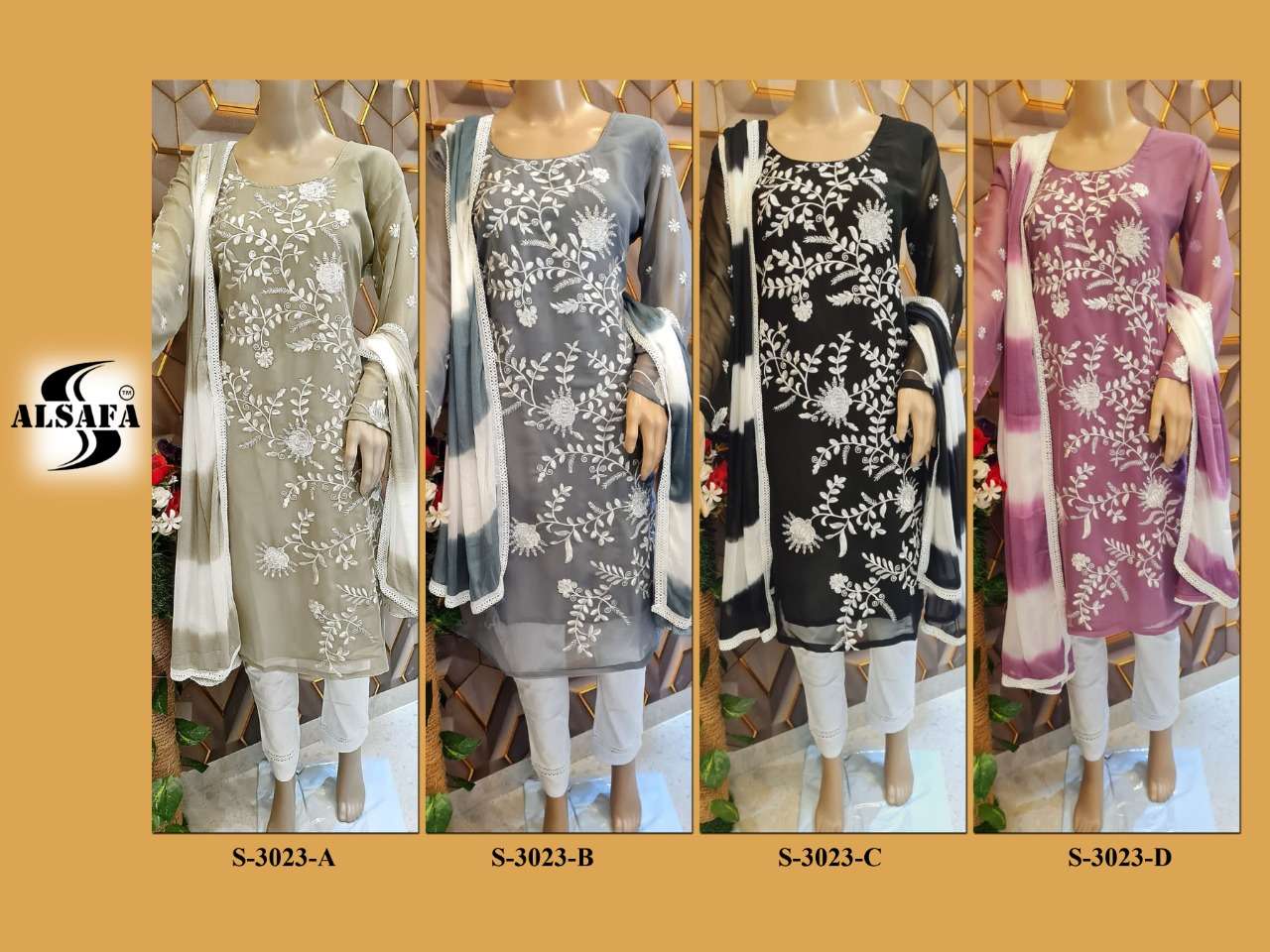 AL-SAFA 3023 COLOURS BY AL-SAFA 3023-A TO 3023-D SERIES BEAUTIFUL PAKISTANI SUITS COLORFUL STYLISH FANCY CASUAL WEAR & ETHNIC WEAR FAUX GEORGETTE DRESSES AT WHOLESALE PRICE