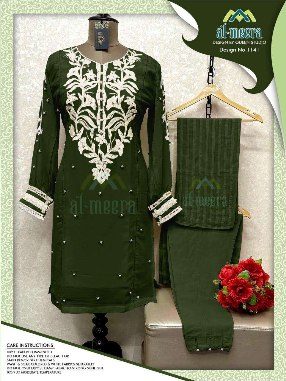 AL-MEERA HIT DESIGN 1141 COLOURS BY AL-MEERA 1141-A TO 1141-D SERIES BEAUTIFUL PAKISTANI SUITS COLORFUL STYLISH FANCY CASUAL WEAR & ETHNIC WEAR FAUX GEORGETTE DRESSES AT WHOLESALE PRICE