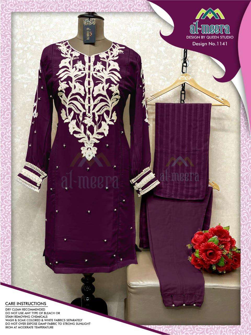 AL-MEERA HIT DESIGN 1141 COLOURS BY AL-MEERA 1141-A TO 1141-D SERIES BEAUTIFUL PAKISTANI SUITS COLORFUL STYLISH FANCY CASUAL WEAR & ETHNIC WEAR FAUX GEORGETTE DRESSES AT WHOLESALE PRICE