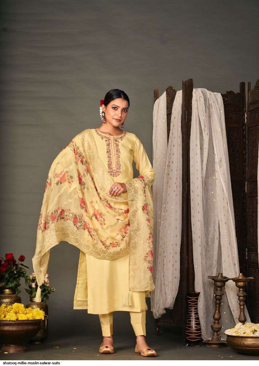 MILLIE BY SHUROOQ 10093 TO 10096 SERIES BEAUTIFUL SUITS COLORFUL STYLISH FANCY CASUAL WEAR & ETHNIC WEAR PURE MUSLIN DRESSES AT WHOLESALE PRICE