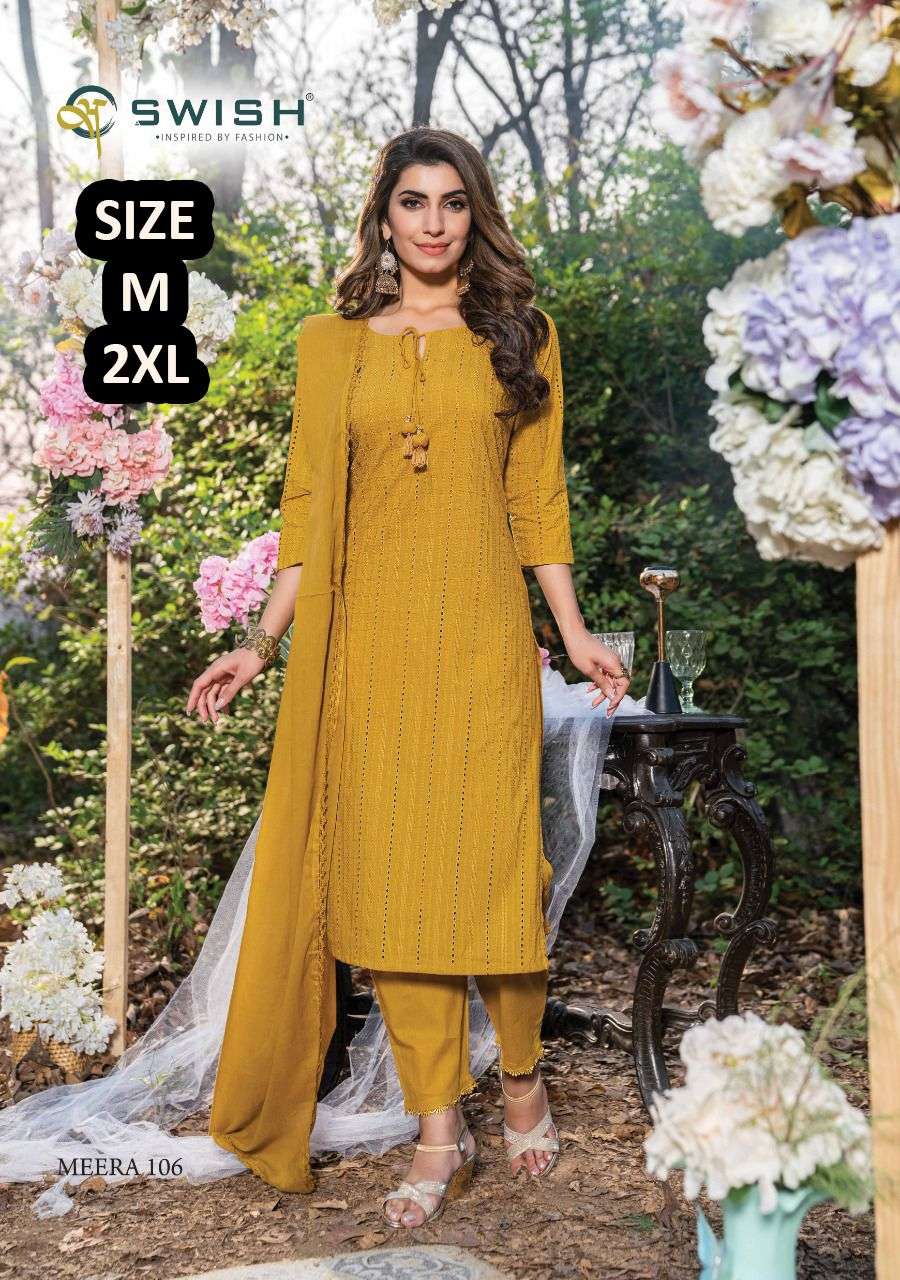 MEERA BY SWISH 101 TO 105 SERIES BEAUTIFUL SUITS COLORFUL STYLISH FANCY CASUAL WEAR & ETHNIC WEAR PURE COTTON DRESSES AT WHOLESALE PRICE