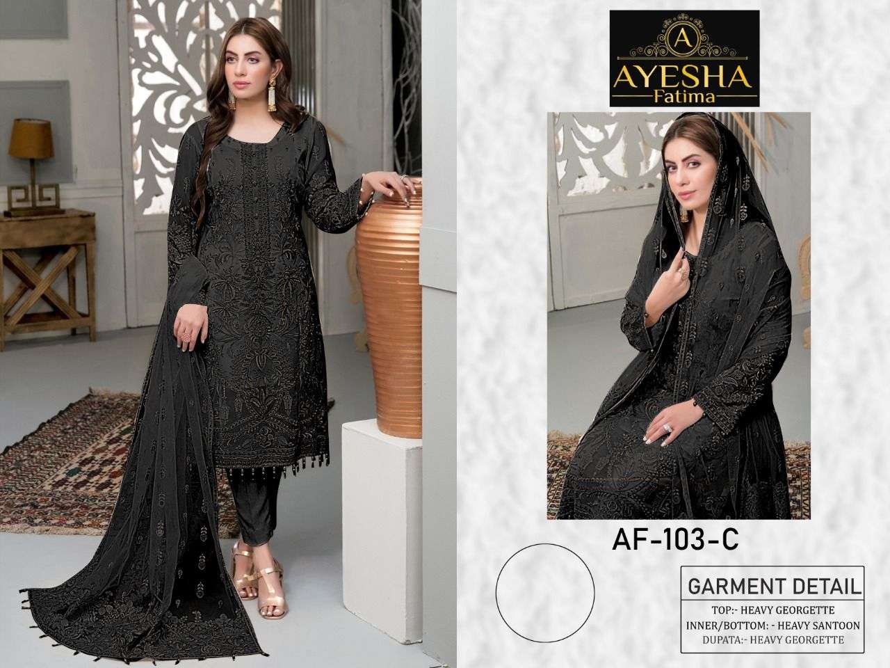 AF-103 COLOURS BY AYESHA FATIMA 103-A TO 103-C SERIES BEAUTIFUL PAKISTANI SUITS COLORFUL STYLISH FANCY CASUAL WEAR & ETHNIC WEAR HEAVY GEORGETTE DRESSES AT WHOLESALE PRICE
