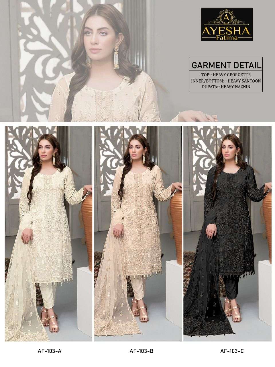 AF-103 COLOURS BY AYESHA FATIMA 103-A TO 103-C SERIES BEAUTIFUL PAKISTANI SUITS COLORFUL STYLISH FANCY CASUAL WEAR & ETHNIC WEAR HEAVY GEORGETTE DRESSES AT WHOLESALE PRICE