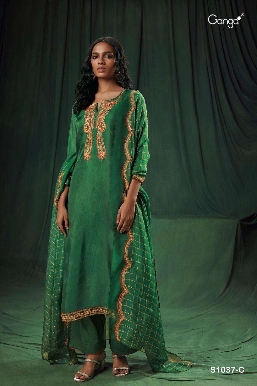 Binah-1037 By Ganga Fashion 1037-A To 1037-C Series Beautiful Suits Colorful Stylish Fancy Casual Wear & Ethnic Wear Premium Bemberg Silk Embroidery Work Dresses At Wholesale Price