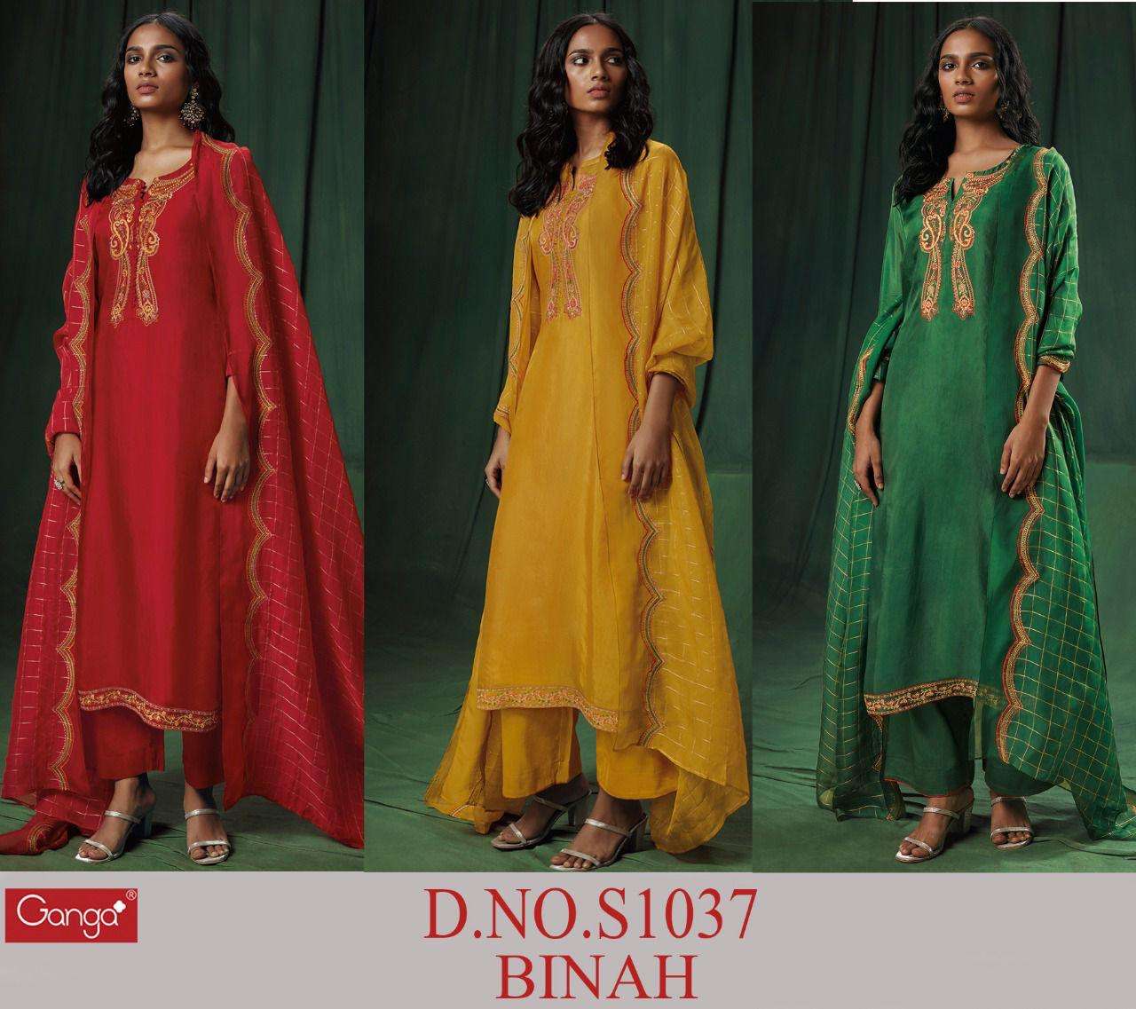 Binah-1037 By Ganga Fashion 1037-A To 1037-C Series Beautiful Suits Colorful Stylish Fancy Casual Wear & Ethnic Wear Premium Bemberg Silk Embroidery Work Dresses At Wholesale Price