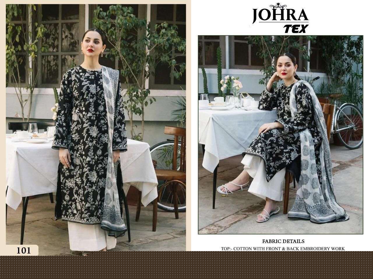 JOHRA HIT DESIGN 101 COLOURS BY JOHRA TEX DESIGNER PAKISTANI SUITS BEAUTIFUL STYLISH FANCY COLORFUL PARTY WEAR & OCCASIONAL WEAR COTTON EMBROIDERED DRESSES AT WHOLESALE PRICE