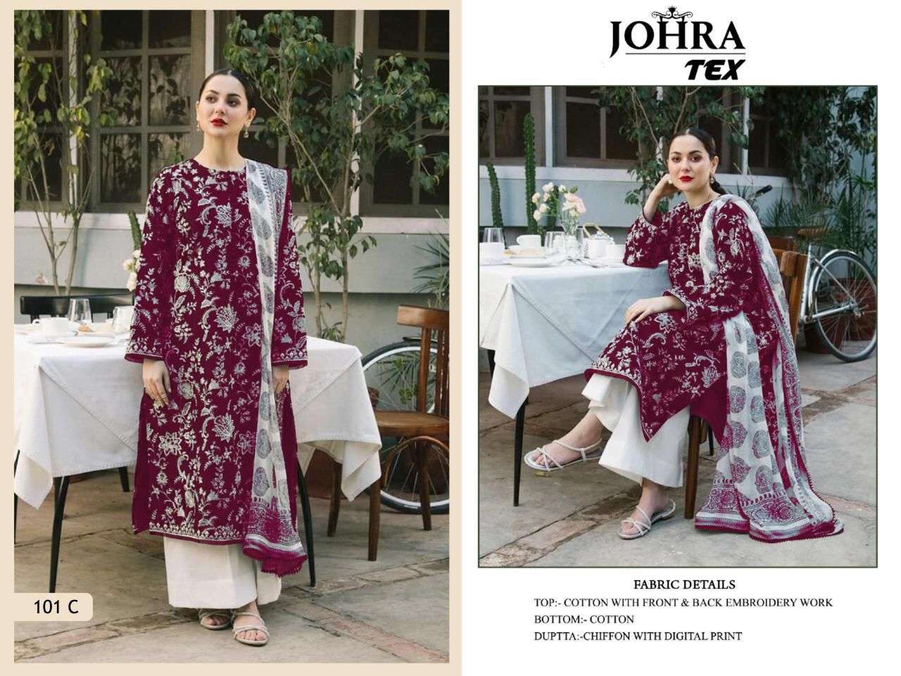 JOHRA HIT DESIGN 101 COLOURS BY JOHRA TEX DESIGNER PAKISTANI SUITS BEAUTIFUL STYLISH FANCY COLORFUL PARTY WEAR & OCCASIONAL WEAR COTTON EMBROIDERED DRESSES AT WHOLESALE PRICE