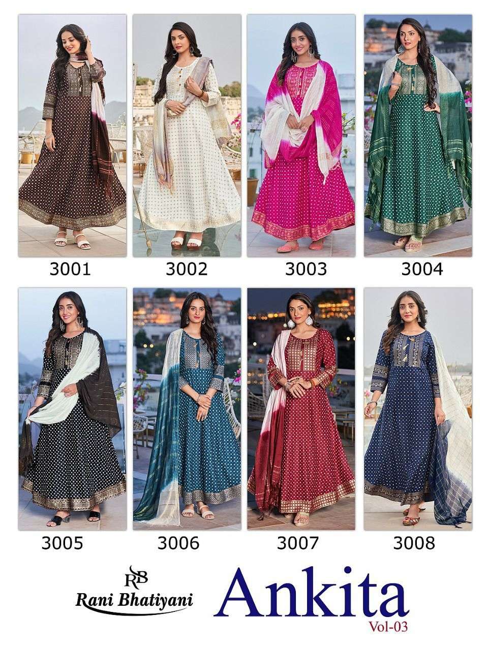ANKITA VOL-3 BY RANI BHATIYANI 3001 TO 3008 SERIES BEAUTIFUL STYLISH FANCY COLORFUL CASUAL WEAR & ETHNIC WEAR RAYON FOIL GOWNS WITH DUPATTA AT WHOLESALE PRICE