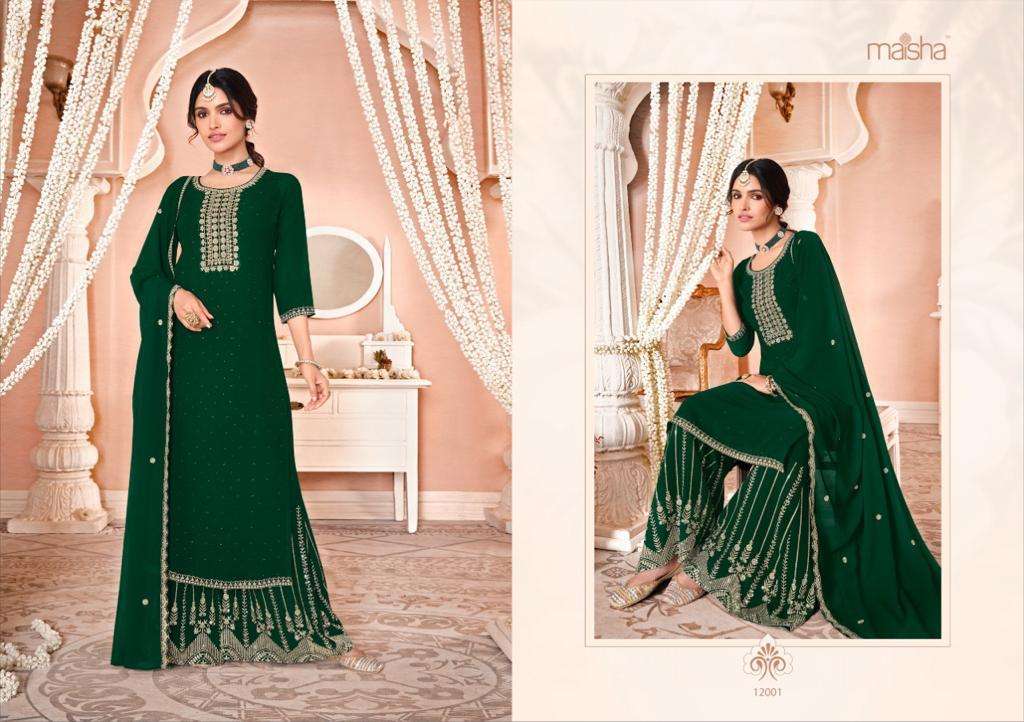 NAZMI BY MAISHA 12001 TO 12006 SERIES BEAUTIFUL SHARARA SUITS COLORFUL STYLISH FANCY CASUAL WEAR & ETHNIC WEAR PURE GEORGETTE DRESSES AT WHOLESALE PRICE