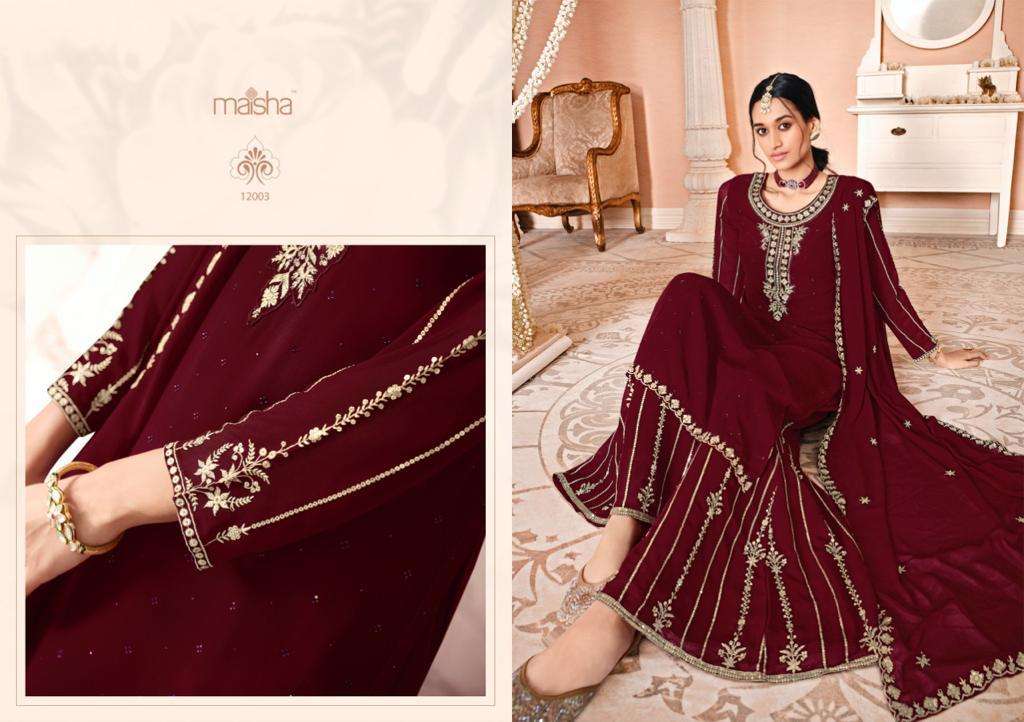 NAZMI BY MAISHA 12001 TO 12006 SERIES BEAUTIFUL SHARARA SUITS COLORFUL STYLISH FANCY CASUAL WEAR & ETHNIC WEAR PURE GEORGETTE DRESSES AT WHOLESALE PRICE