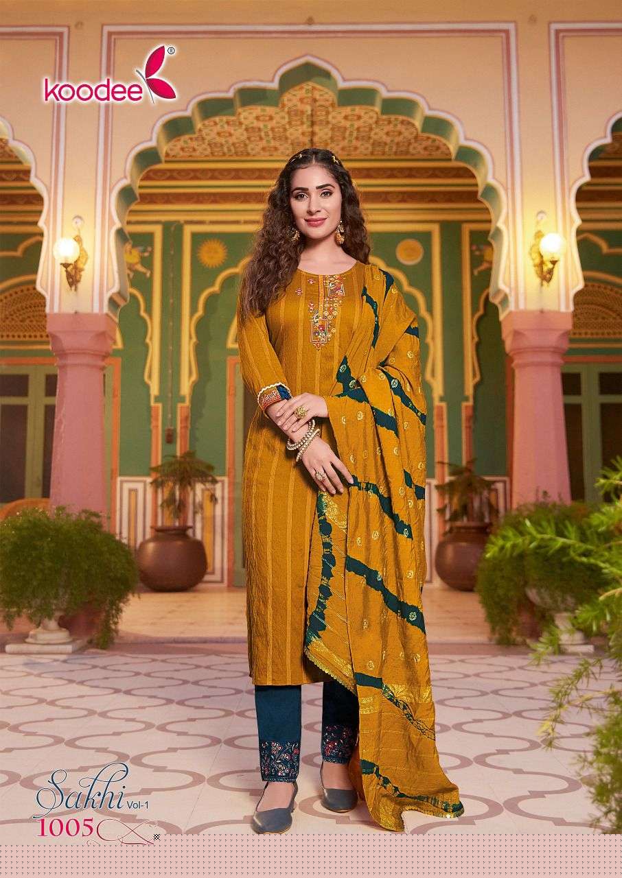 SAKHI VOL-1 BY KOODEE 1001 TO 1006 SERIES BEAUTIFUL SUITS COLORFUL STYLISH FANCY CASUAL WEAR & ETHNIC WEAR VISCOSE DRESSES AT WHOLESALE PRICE
