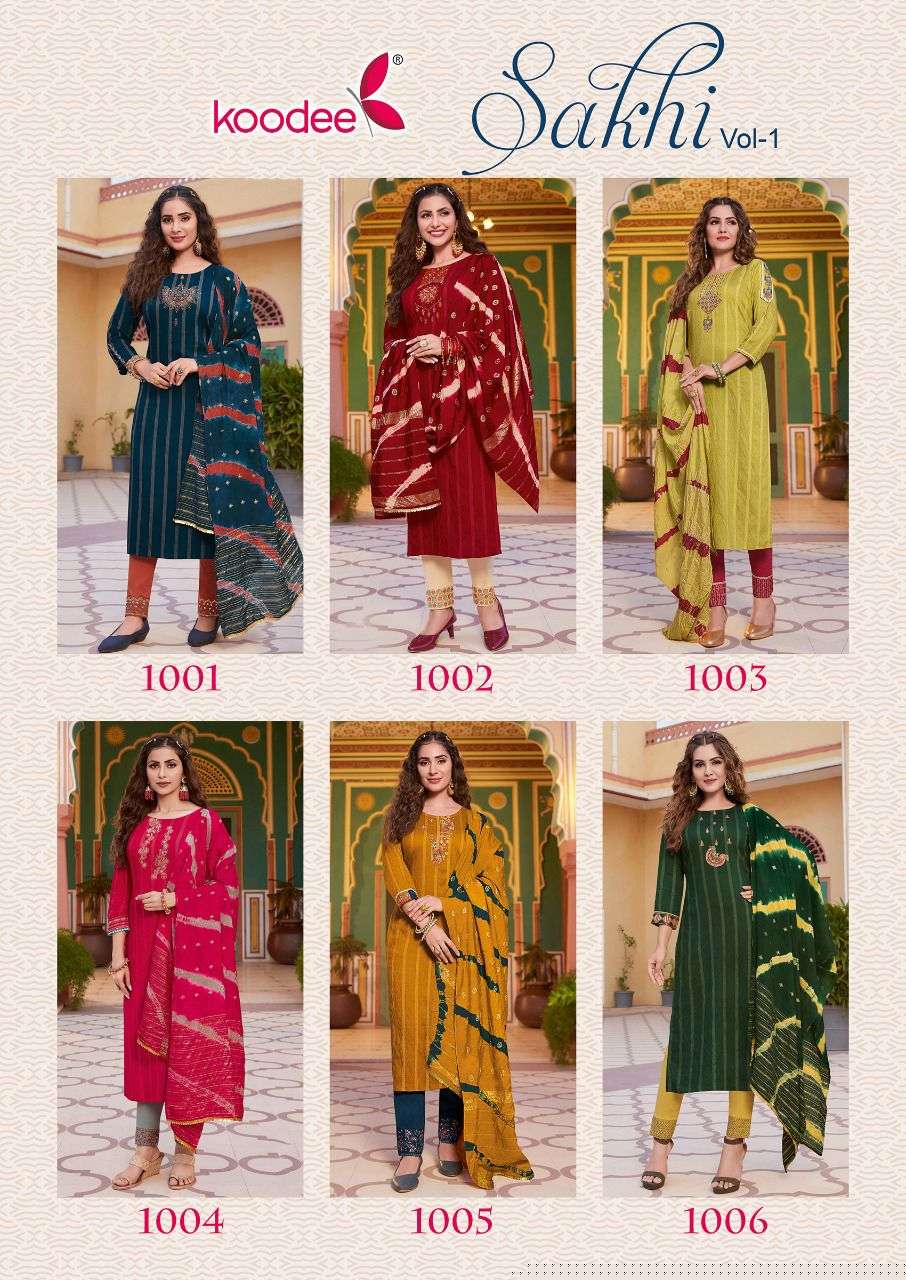 SAKHI VOL-1 BY KOODEE 1001 TO 1006 SERIES BEAUTIFUL SUITS COLORFUL STYLISH FANCY CASUAL WEAR & ETHNIC WEAR VISCOSE DRESSES AT WHOLESALE PRICE