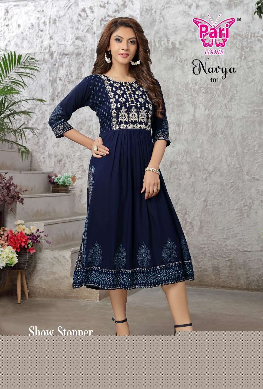 NAVYA BY PARI 101 TO 106 SERIES DESIGNER STYLISH FANCY COLORFUL BEAUTIFUL PARTY WEAR & ETHNIC WEAR COLLECTION PURE RAYON KURTIS AT WHOLESALE PRICE